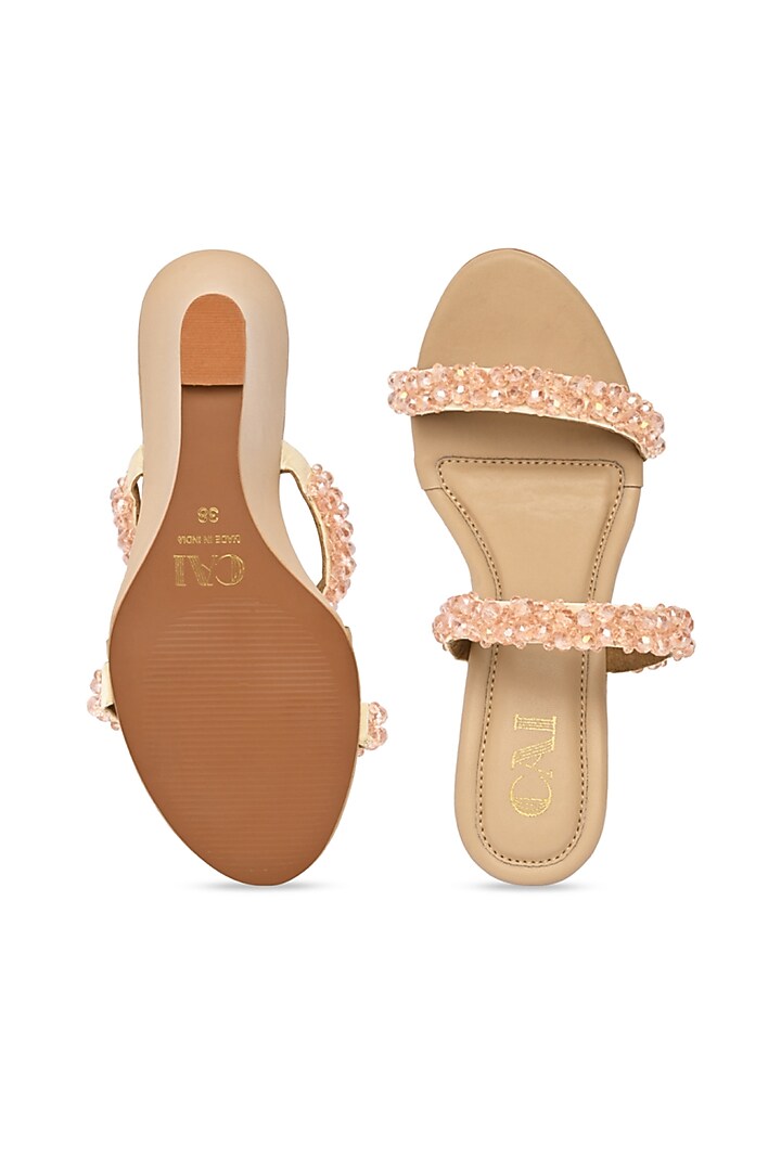 Peach PU Leather & Satin Crystal Embroidered Wedges by CAI at Pernia's Pop Up Shop