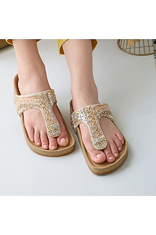 Gold PU Leather Thread Embroidered Sliders by CAI