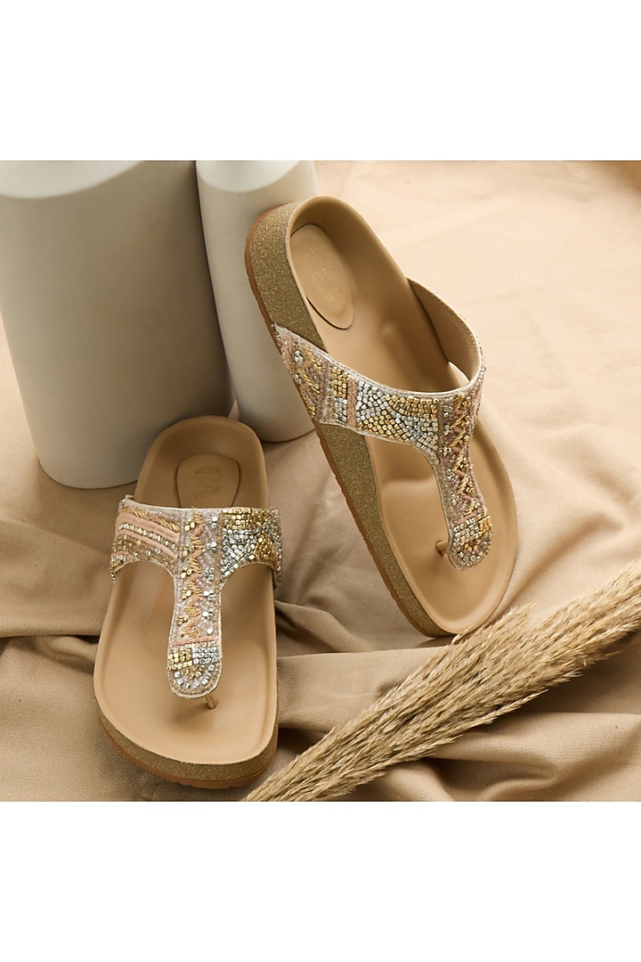 Gold PU Leather Thread Embroidered Sliders by CAI at Pernia's Pop Up Shop