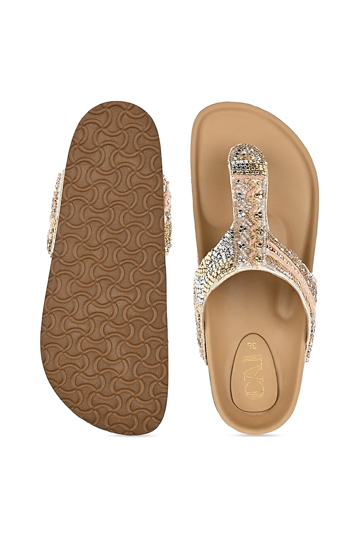 Gold PU Leather Thread Embroidered Sliders by CAI at Pernia's Pop Up Shop