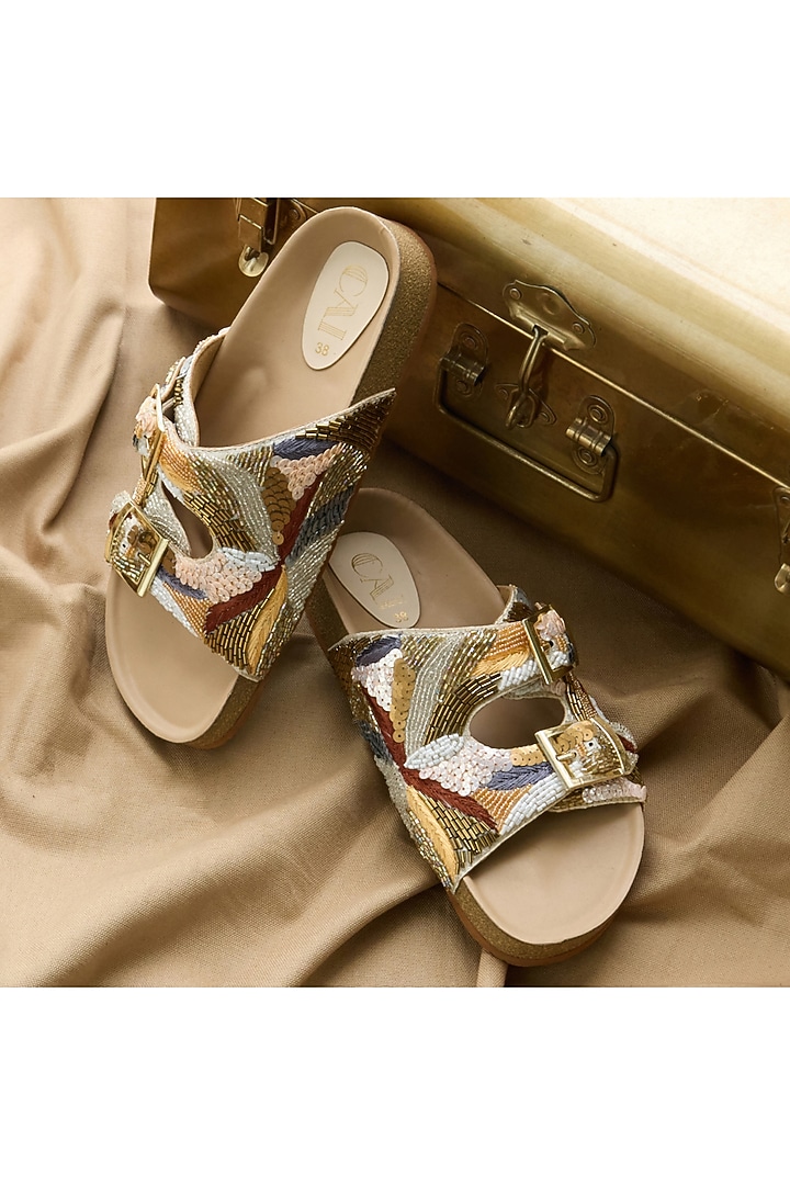 Nude PU Leather Zari Embellished Sliders by CAI at Pernia's Pop Up Shop