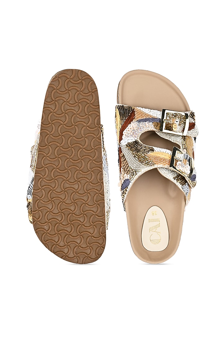 Nude PU Leather Zari Embellished Sliders by CAI at Pernia's Pop Up Shop