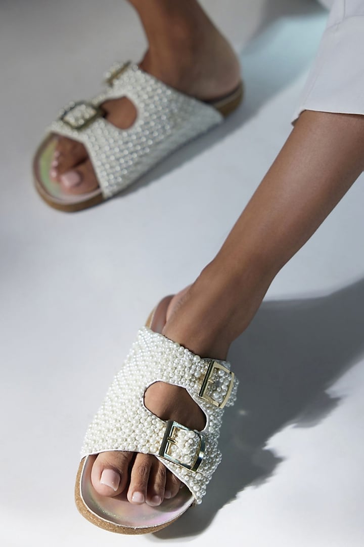 White Faux Leather Pearl Embellished Buckle Sliders Design by CAI at  Pernia's Pop Up Shop 2024
