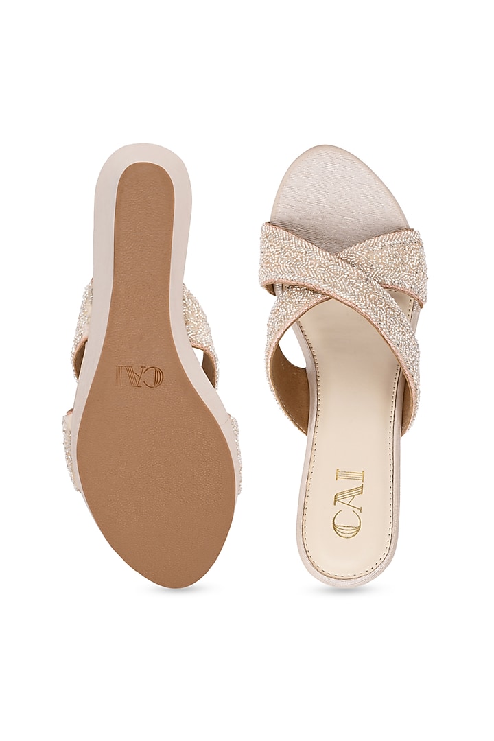 Gold PU Leather Bead Embellished Block Wedges by CAI at Pernia's Pop Up Shop