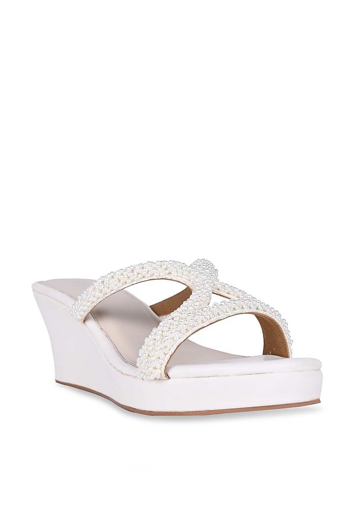 White PU & Vegan Leather Pearl Work Wedges by CAI at Pernia's Pop Up Shop