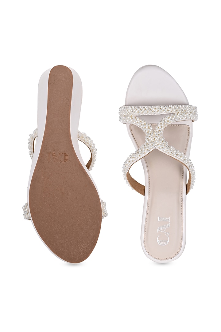 White PU & Vegan Leather Pearl Work Wedges by CAI at Pernia's Pop Up Shop