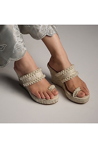 Cream PU & Vegan Leather Pearl Embroidered Wedges by CAI