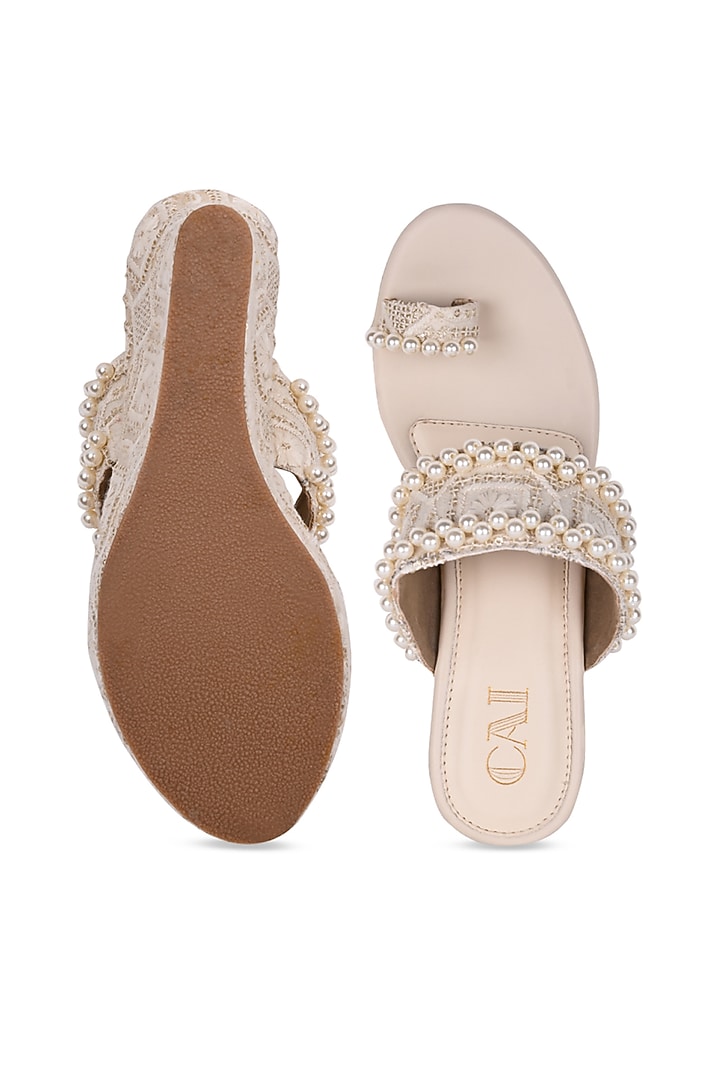 Cream PU & Vegan Leather Pearl Embroidered Wedges by CAI at Pernia's Pop Up Shop
