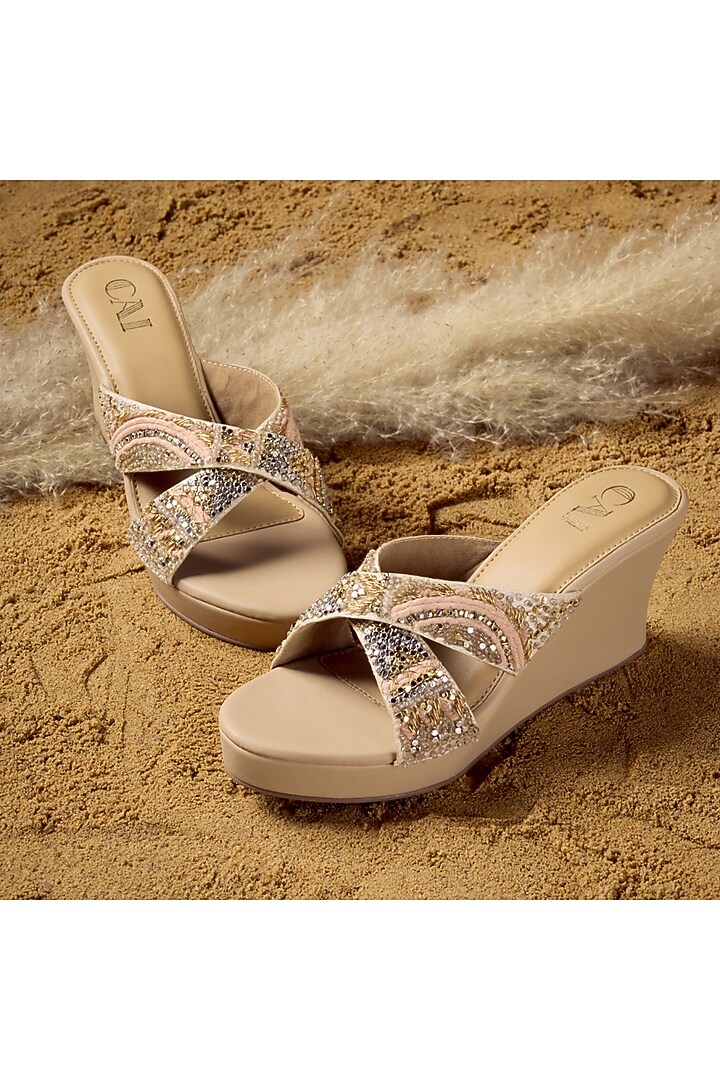 Gold PU Vegan Leather Embellished Wedges by CAI at Pernia's Pop Up Shop