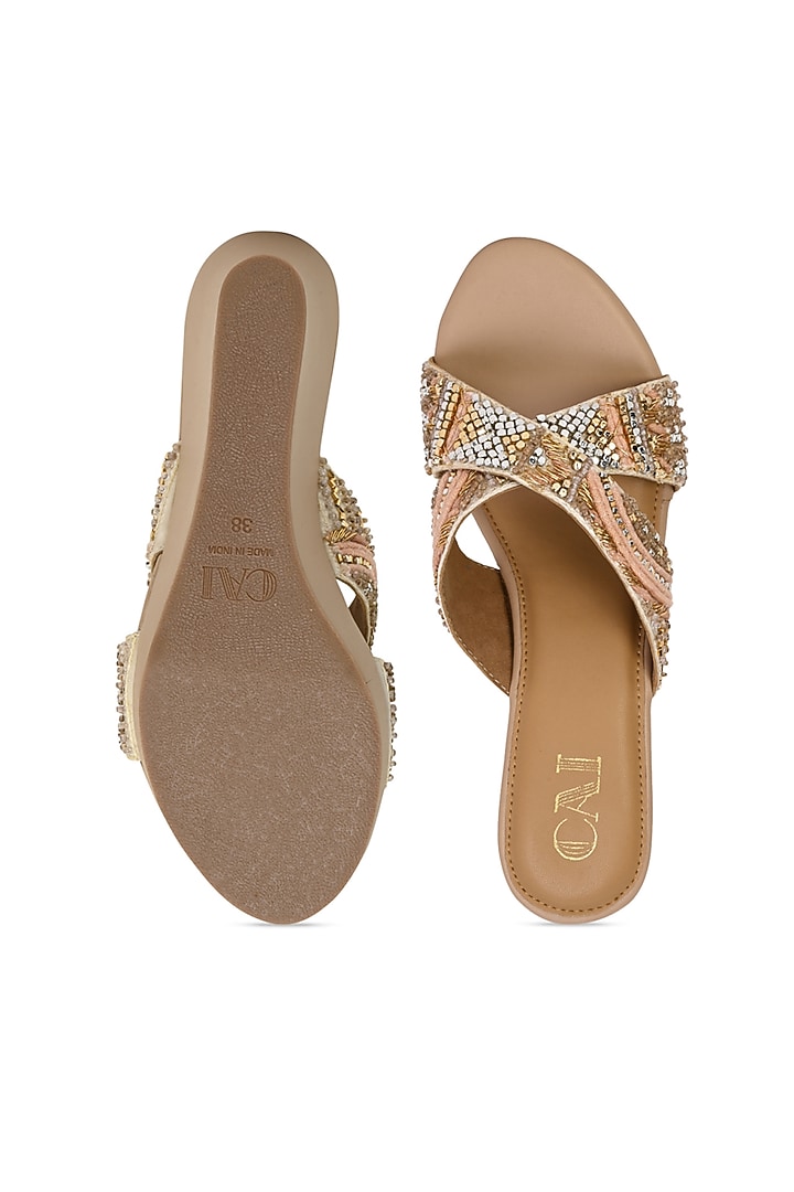 Gold PU Vegan Leather Embellished Wedges by CAI at Pernia's Pop Up Shop