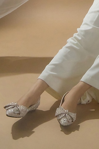 White PU Leather Bow Embellished Flats by CAI