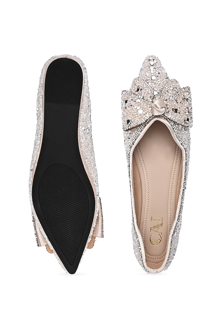 White PU Leather Bow Embellished Flats by CAI at Pernia's Pop Up Shop