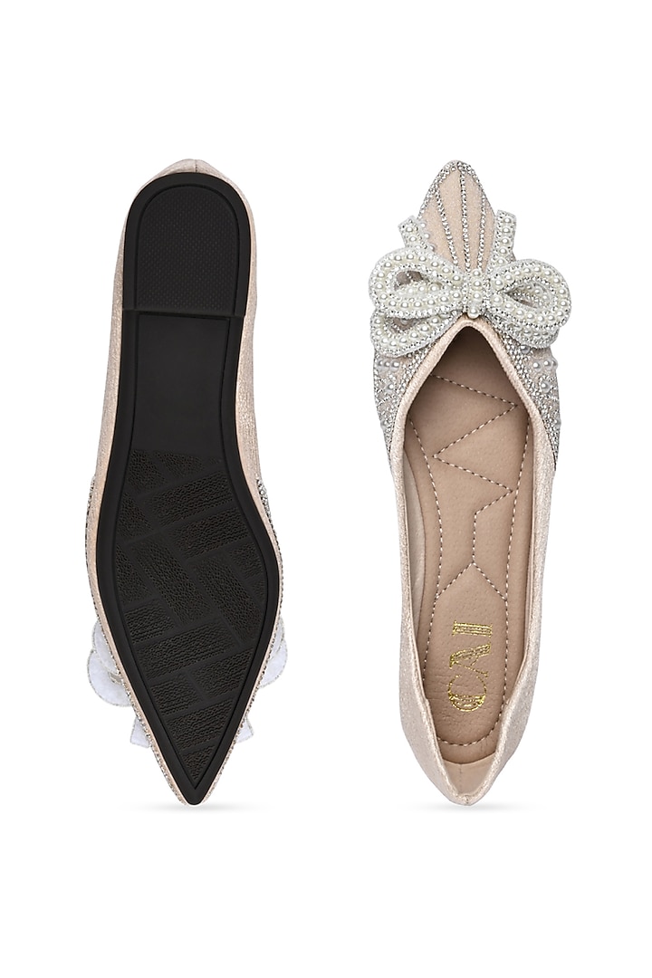 White PU Leather Pearl Embroidered Flats by CAI at Pernia's Pop Up Shop