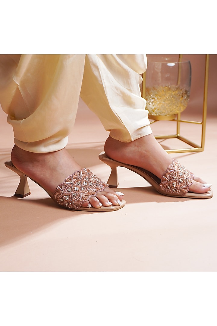 Pink Faux Leather Sequins Embellished Heels by CAI