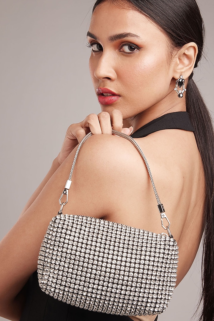 Silver Net Diamond Stone Embellished Handbag by CAI at Pernia's Pop Up Shop