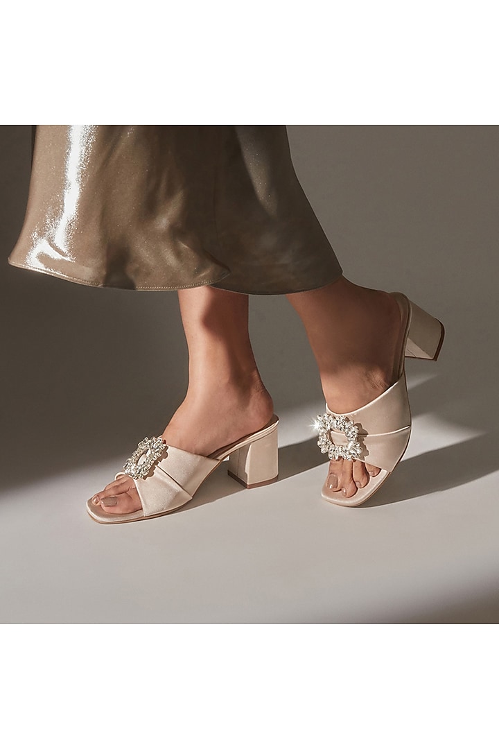 Beige Satin Diamond Embellished Buckled Heels by CAI