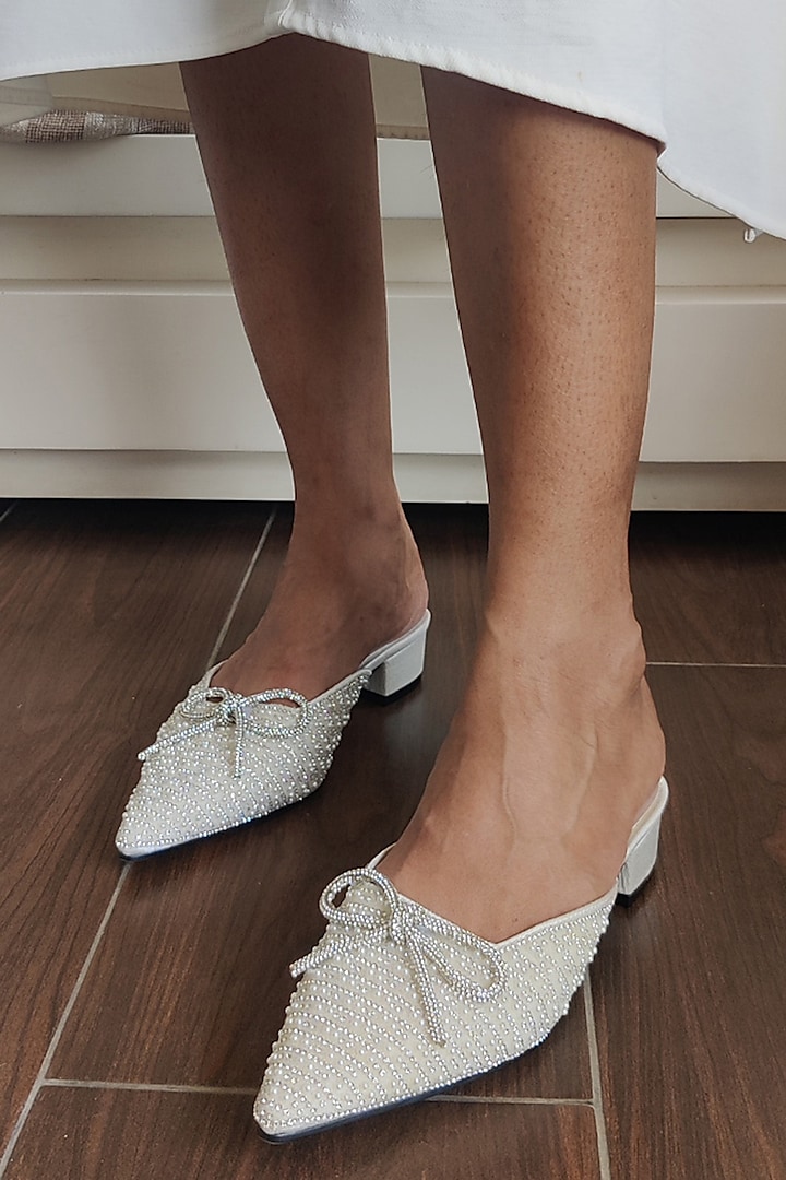 White Vegan Leather Pearl Embellished Mule Heels by CAI