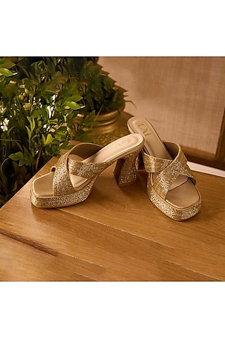 Gold PU Vegan Leather Embellished Heels by CAI