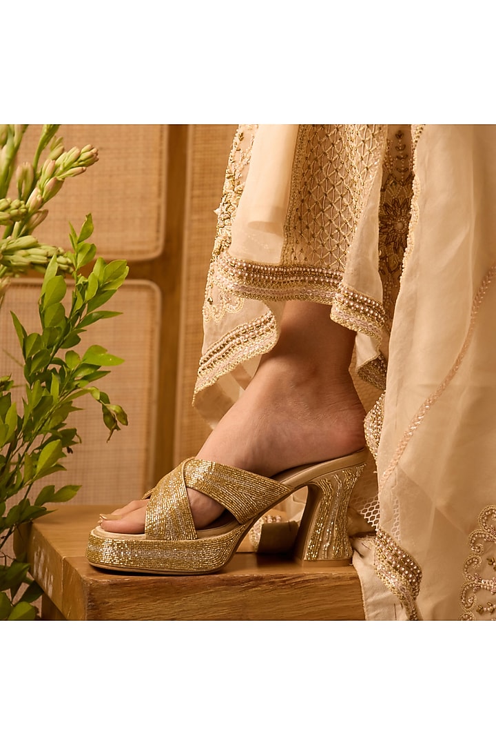 Gold PU Vegan Leather Embellished Heels by CAI at Pernia's Pop Up Shop