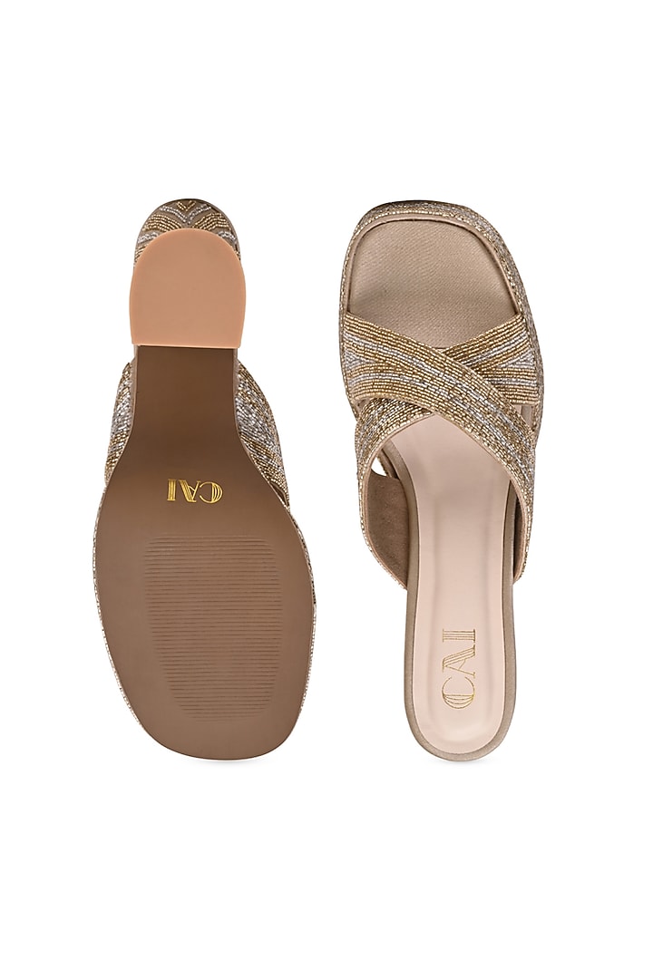 Gold PU Vegan Leather Embellished Heels by CAI at Pernia's Pop Up Shop