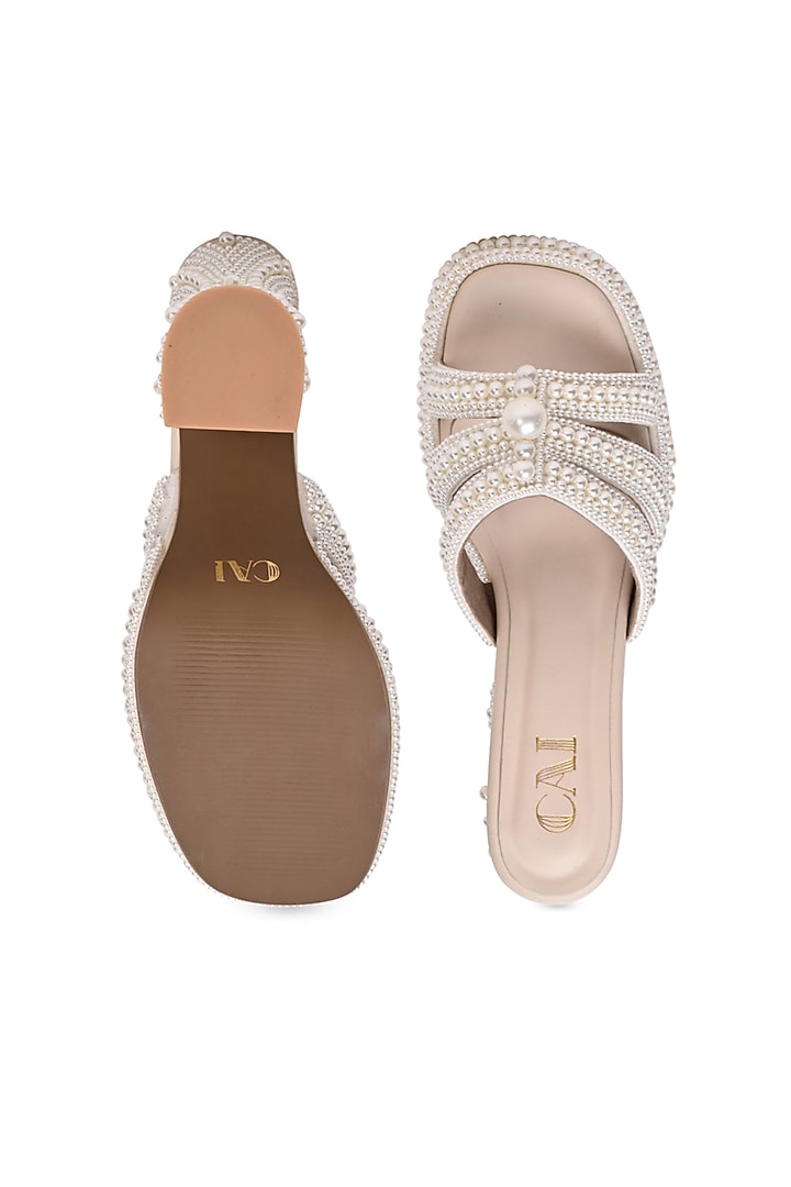 Cream PU Vegan Leather Pearl Embroidered Heels by CAI at Pernia's Pop Up Shop