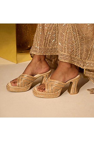 Pink PU Vegan Leather & Premium Satin Zari Hand Embroidered Heels by CAI