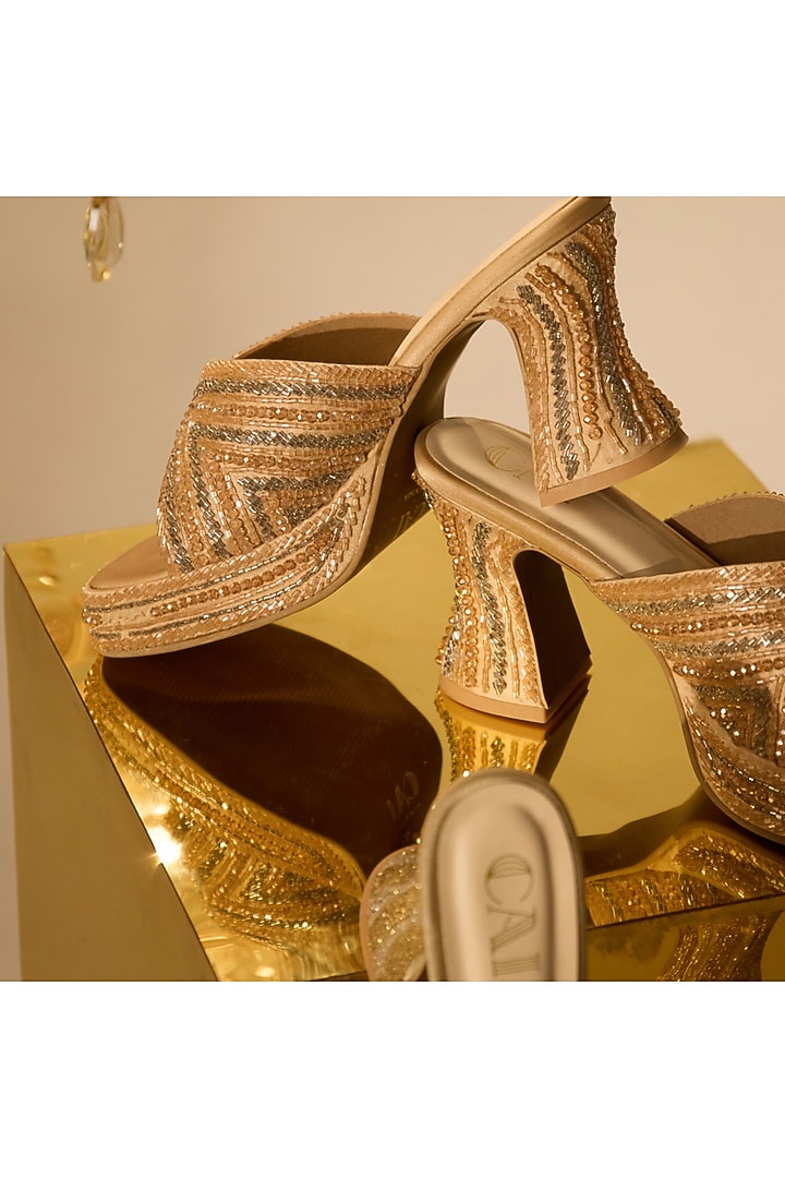 Pink PU Vegan Leather & Premium Satin Zari Hand Embroidered Heels by CAI at Pernia's Pop Up Shop