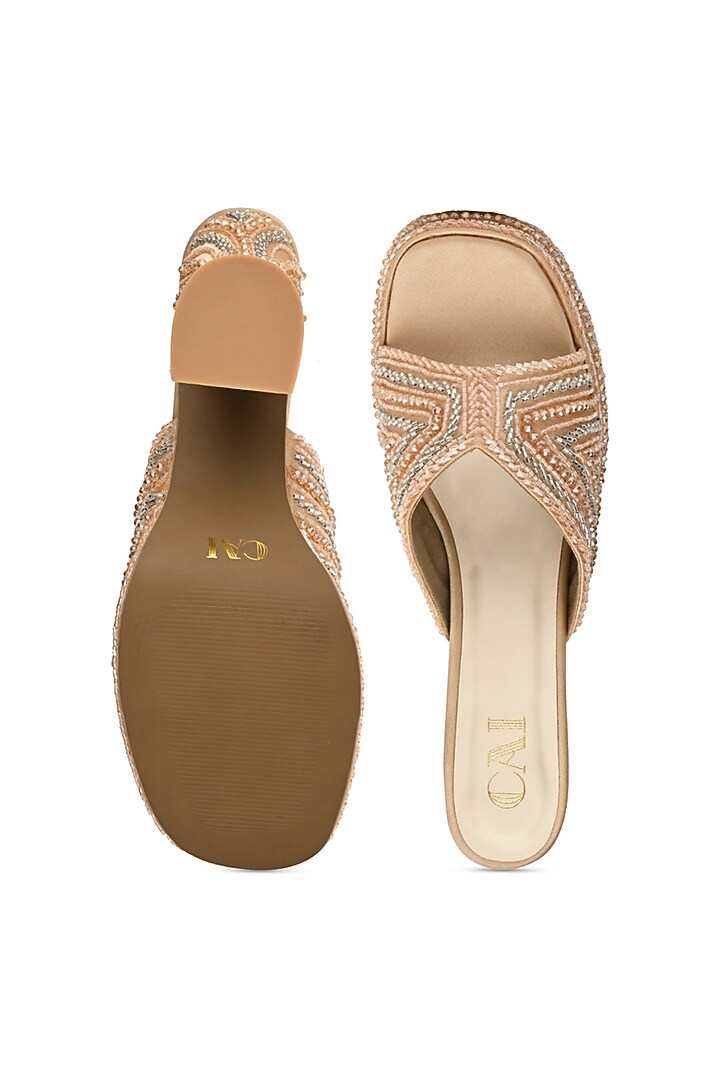 Pink PU Vegan Leather & Premium Satin Zari Hand Embroidered Heels by CAI at Pernia's Pop Up Shop