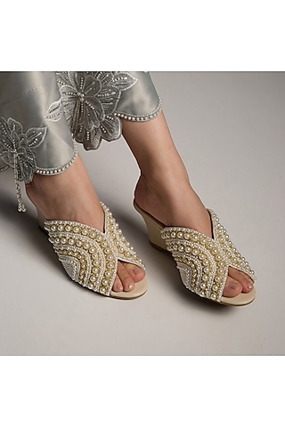 Cream PU Vegan Leather Pearl Work Wedges by CAI