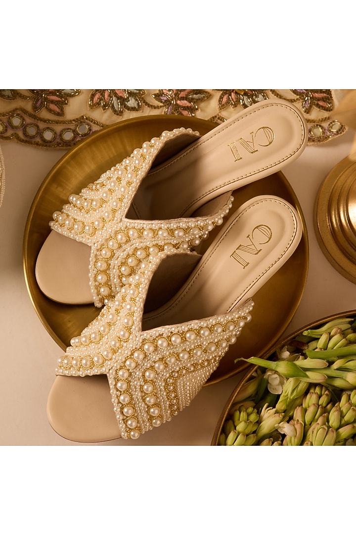 Cream PU Vegan Leather Pearl Work Wedges by CAI at Pernia's Pop Up Shop