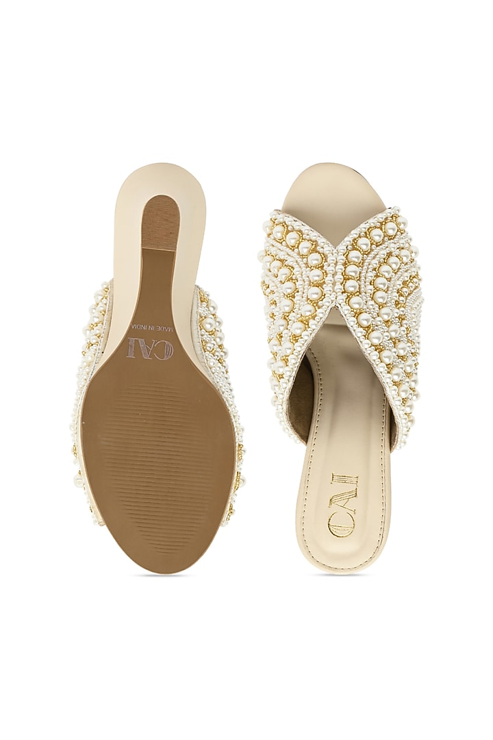 Cream PU Vegan Leather Pearl Work Wedges by CAI at Pernia's Pop Up Shop