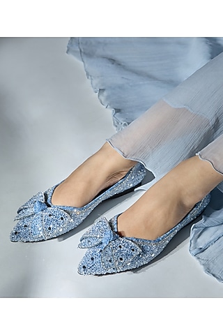 Blue PU Leather Bow Embellished Flats by CAI