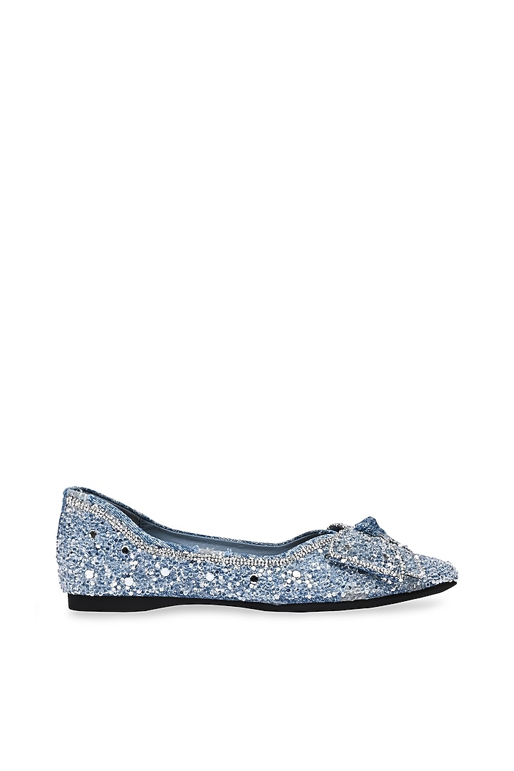 Blue PU Leather Bow Embellished Flats by CAI at Pernia's Pop Up Shop