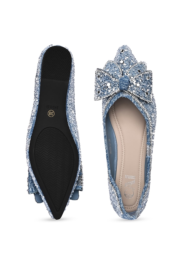 Blue PU Leather Bow Embellished Flats by CAI at Pernia's Pop Up Shop