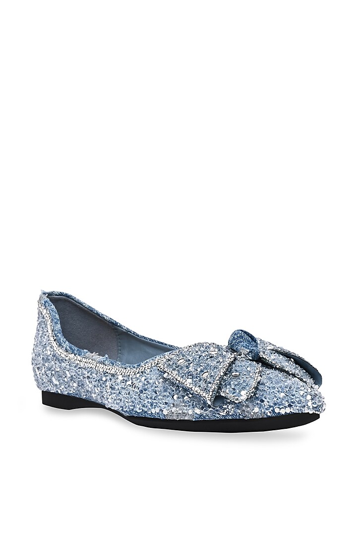 Blue PU Leather Bow Embellished Flats by CAI at Pernia's Pop Up Shop