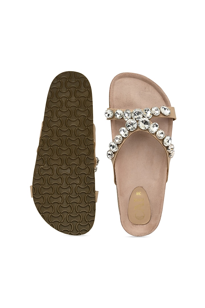 Nude Pu Leather Diamond Embellished Sliders by CAI at Pernia's Pop Up Shop