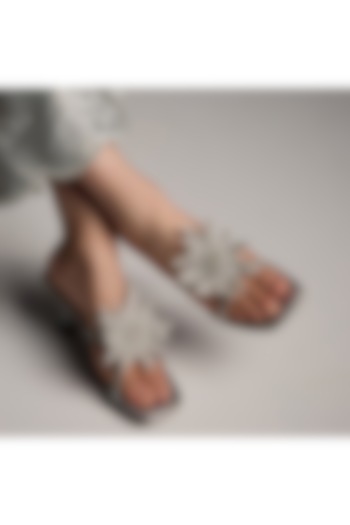 Silver PU Vegan Leather Floral Embroidered Heels by CAI at Pernia's Pop Up Shop