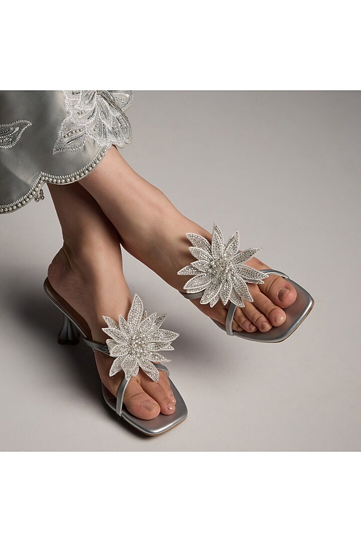 Silver PU Vegan Leather Floral Embroidered Heels by CAI at Pernia's Pop Up Shop