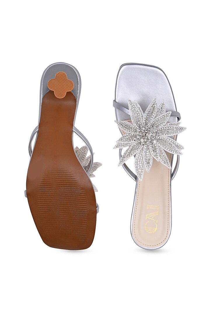 Silver PU Vegan Leather Floral Embroidered Heels by CAI at Pernia's Pop Up Shop