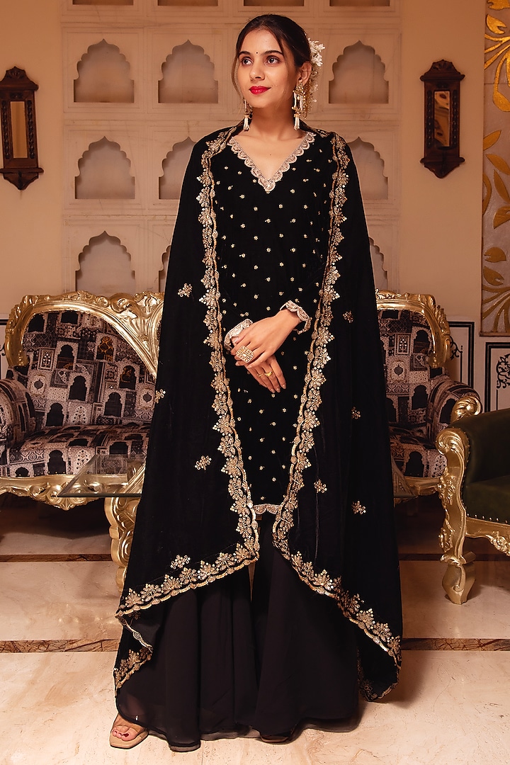 Black Velvet Sharara Set by Calmna at Pernia's Pop Up Shop