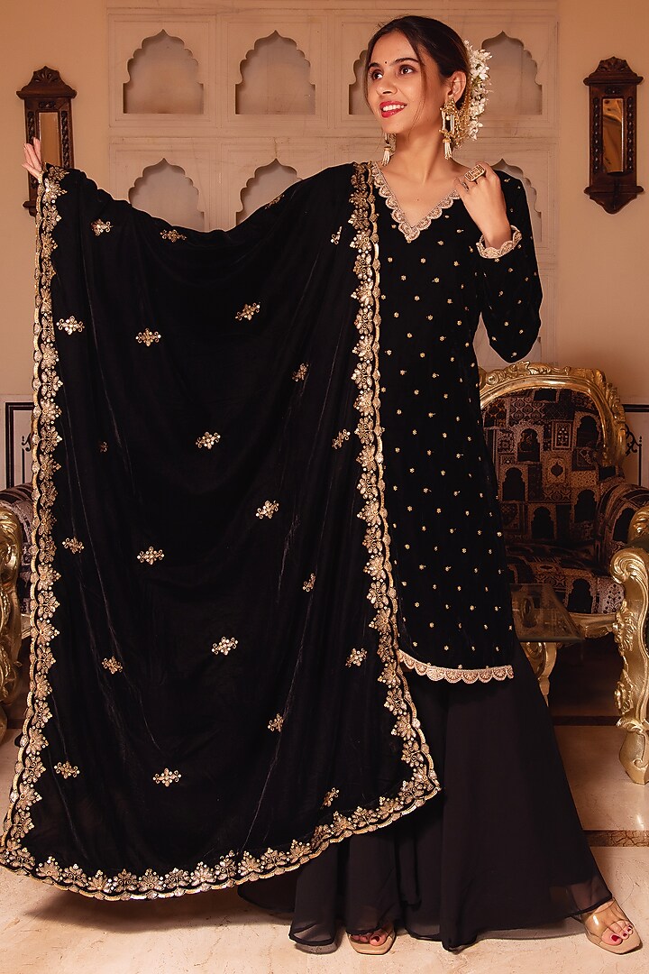 Black Velvet Sharara Set by Calmna at Pernia's Pop Up Shop