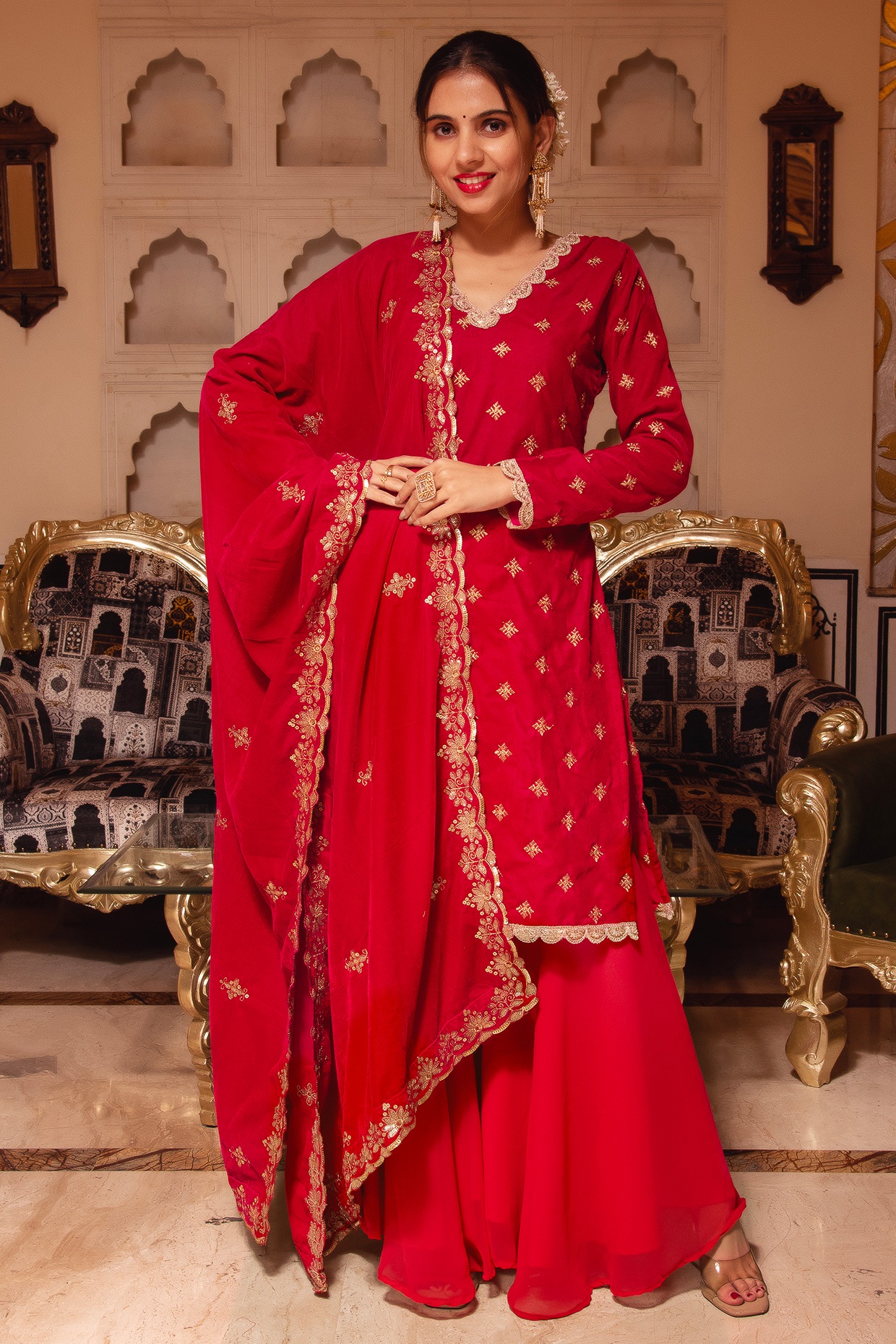 Red Georgette Sharara Salwar Kameez | Indian Cloth Store -