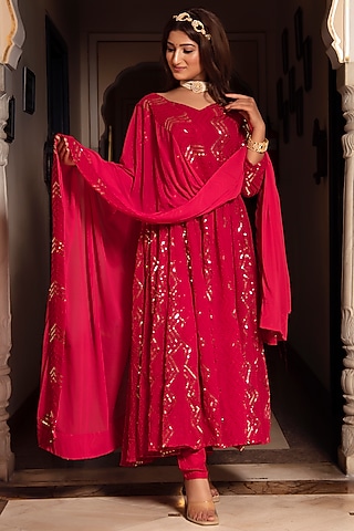 Pink Georgette Embroidered Anarkali Set by Calmna