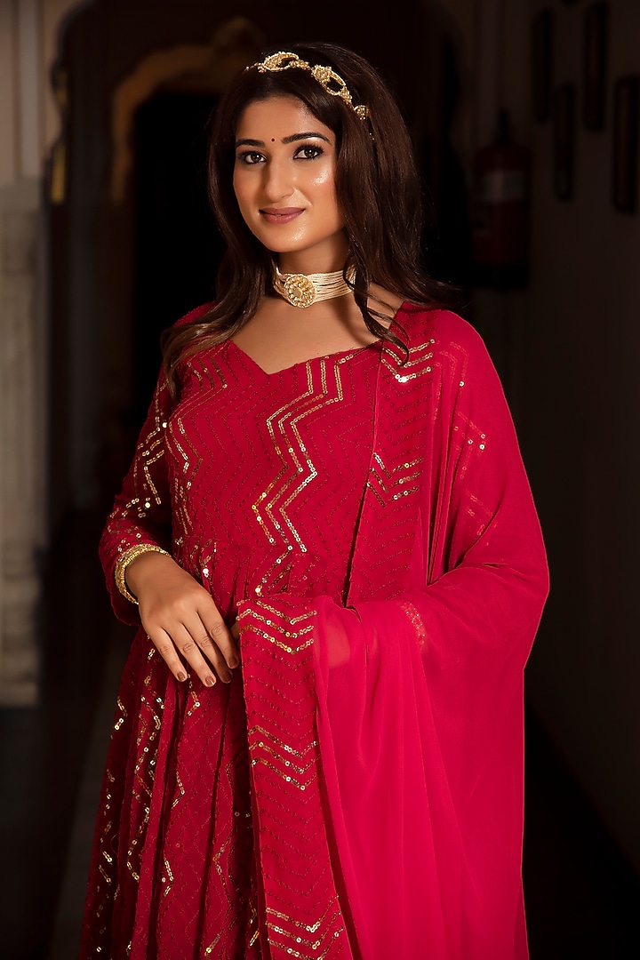 Pink Georgette Embroidered Anarkali Set by Calmna at Pernia's Pop Up Shop