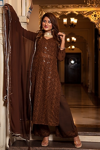 Brown Berry Georgette Chikankari Kurta Set by Calmna