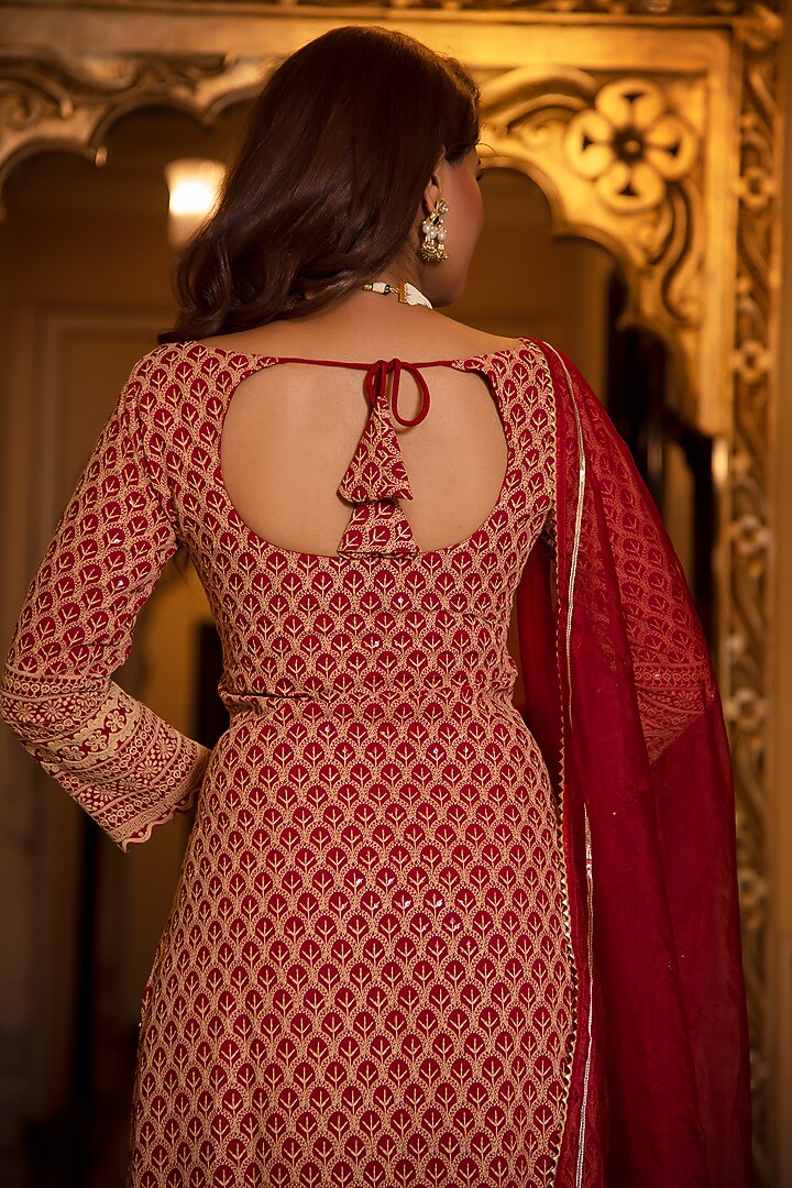 Red Rayon Chikankari Kurta Set by Calmna at Pernia's Pop Up Shop