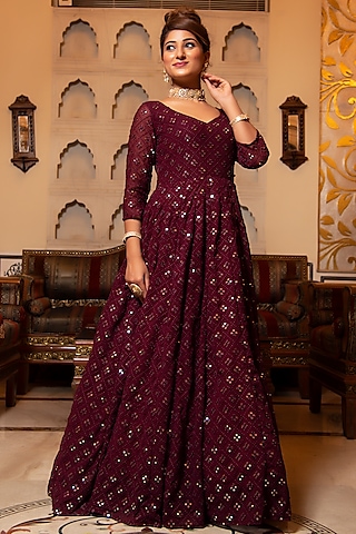 Wine Georgette Embroidered Anarkali Set by Calmna