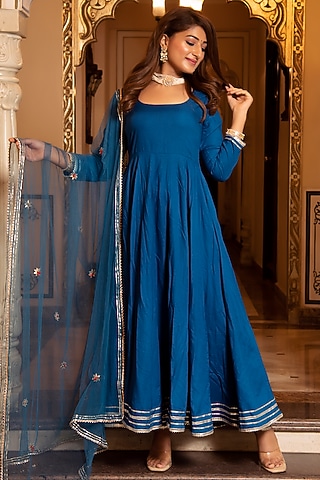 Regal Blue Rayon Anarkali Set by Calmna