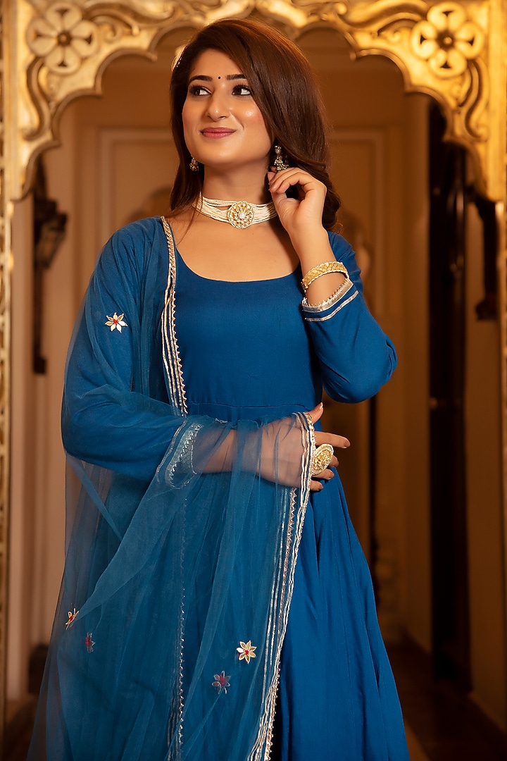 Regal Blue Rayon Anarkali Set by Calmna at Pernia's Pop Up Shop