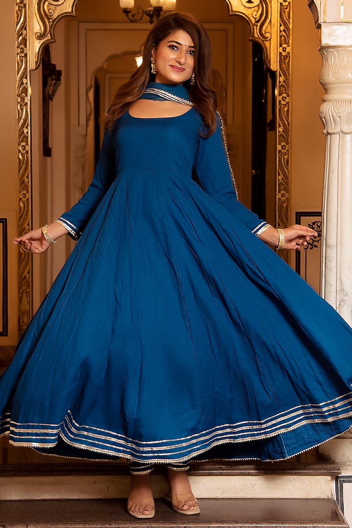 Regal Blue Rayon Anarkali Set by Calmna at Pernia's Pop Up Shop